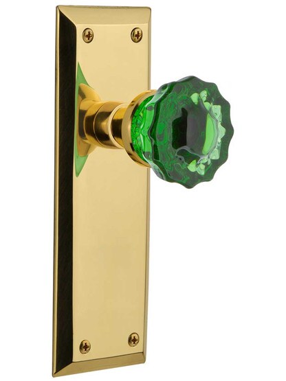 New York Door Set with Colored Fluted Crystal Glass Knobs Emerald in Polished Brass.